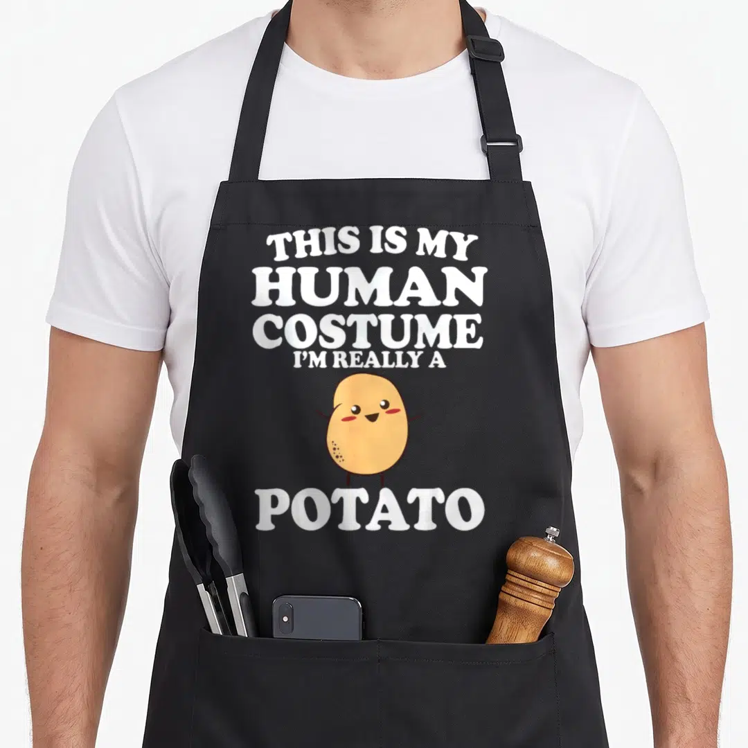 Costume potato halloween apron - Cartoon potato with white text THIS IS MY HUMAN COSTUME I'M REALLY A POTATO on black — shown on a black cotton canvas apron against a white background