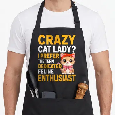 Term crazy cat lady apron - Stacked orange and white text reading Dedicated Feline Enthusiast beside a cartoon cat — shown on a black cotton canvas apron against a white background