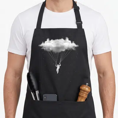 Night skydiving apron - White skydiver silhouette hanging from parachute lines under a cloud among stars — shown on a black cotton canvas apron against a white background