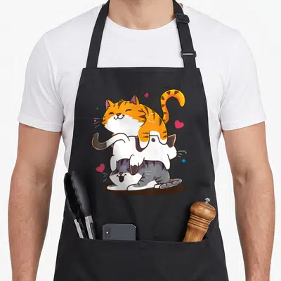 Neko kawaii cooking apron - Three stacked cartoon cats orange grey white with pink hearts — shown on a black cotton canvas apron against a white background