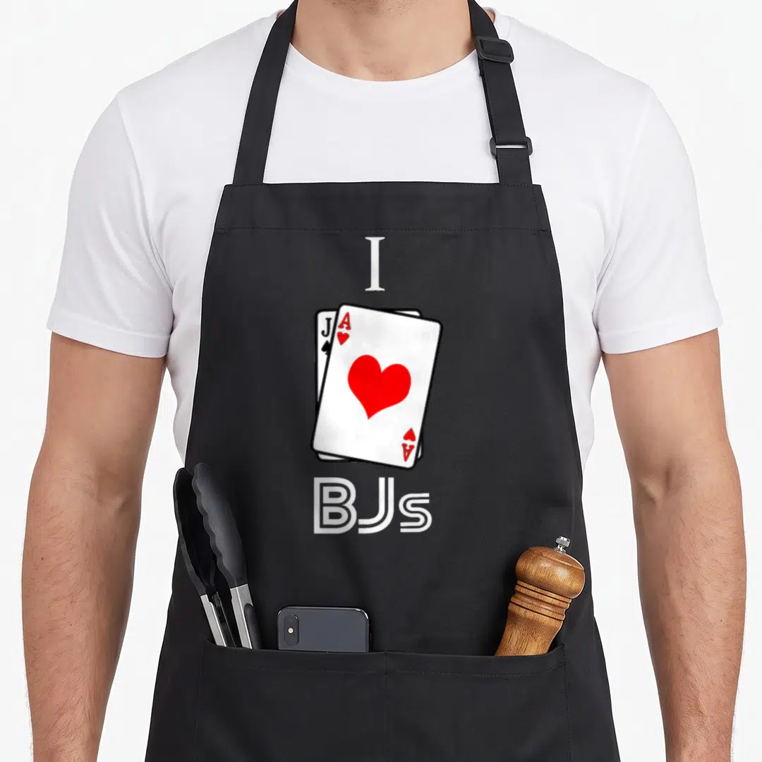 Bjs casino aprons - I BJs text with Ace of Hearts and Jack of Spades in white red and black — shown on a black cotton canvas apron against a white background