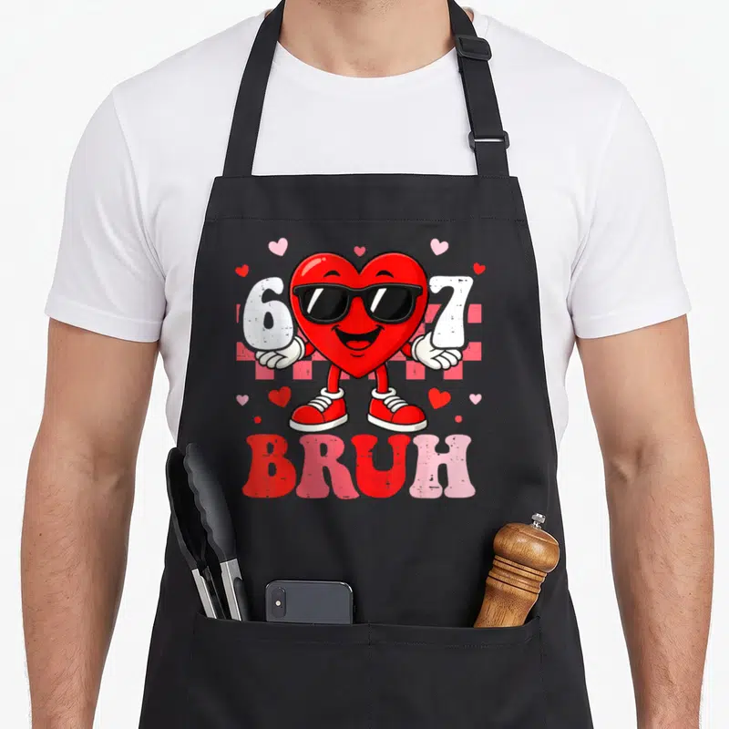 Seven valentine apron - Cartoon red heart with sunglasses holding white 6 and 7 above red and pink BRUH text surrounded — shown on a black cotton canvas apron against a white background