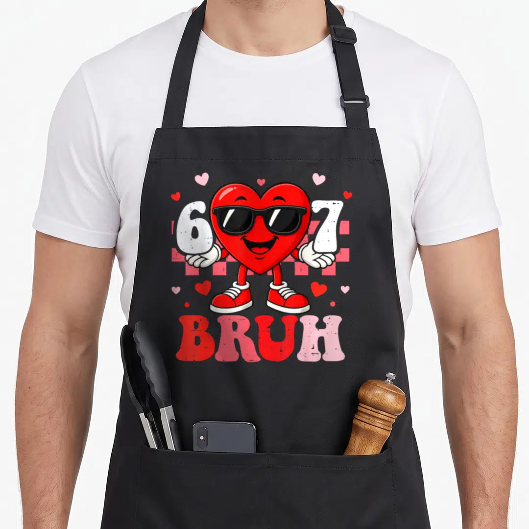 Seven valentine apron - Cartoon red heart with sunglasses holding white 6 and 7 above red and pink BRUH text surrounded — shown on a black cotton canvas apron against a white background