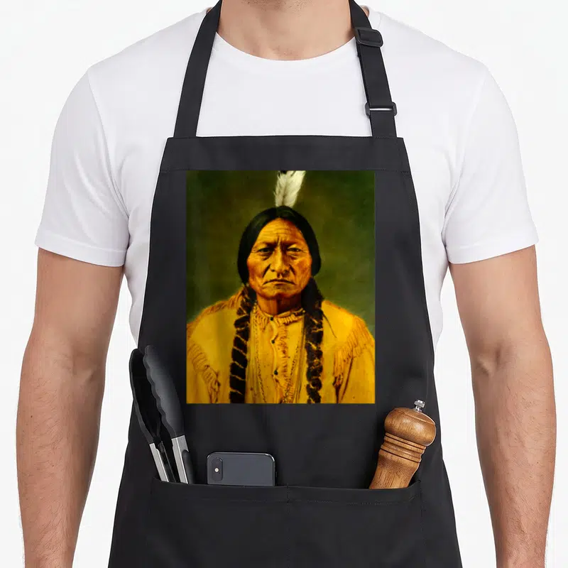 Sitting shaman apron - Portrait of Native American man in tan shirt and white feather against dark green background — shown on a black cotton canvas apron against a white background