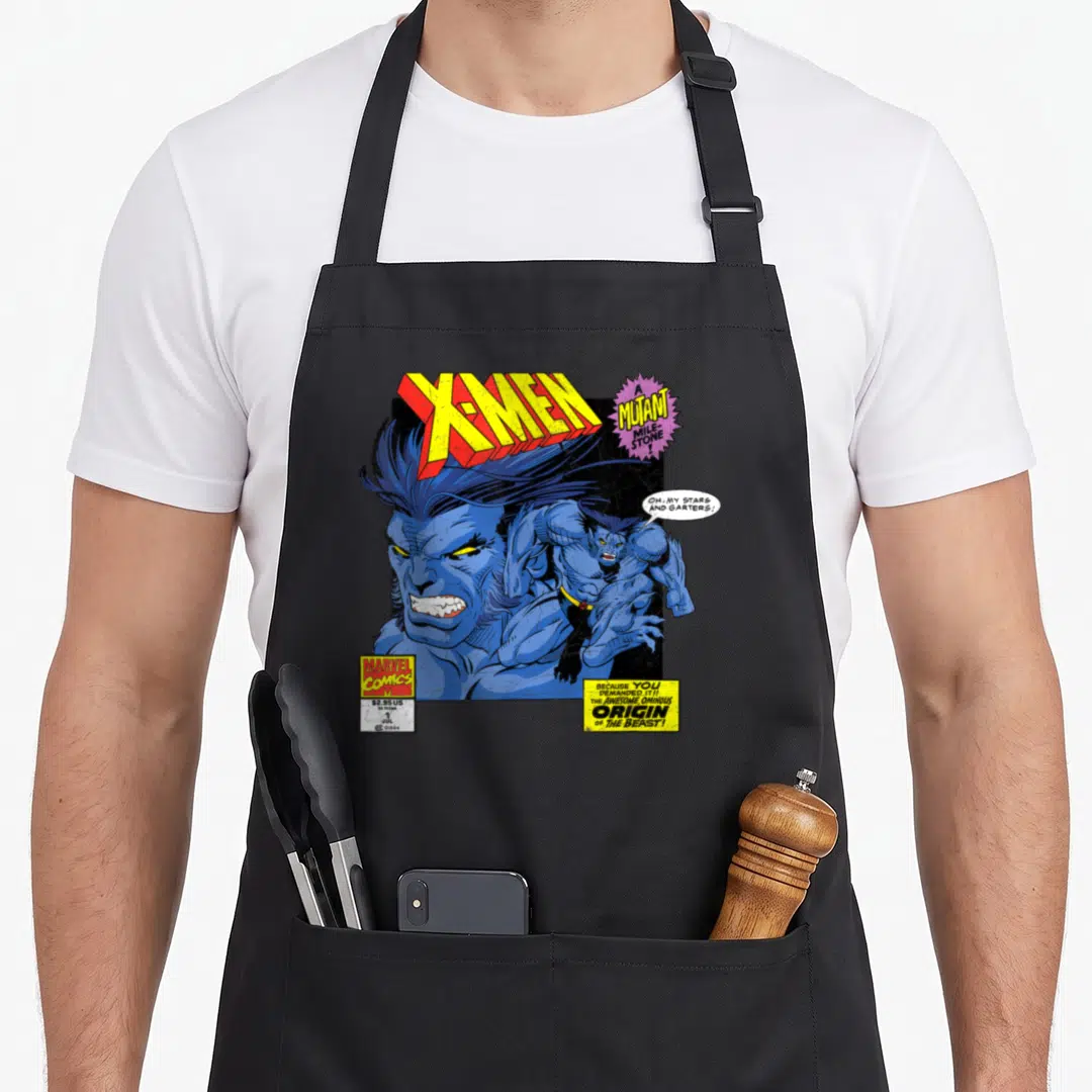 Beast hobby apron - X-Men comic cover print showing Beast face and full body pose with stars and garters quote — shown on a black cotton canvas apron against a white background