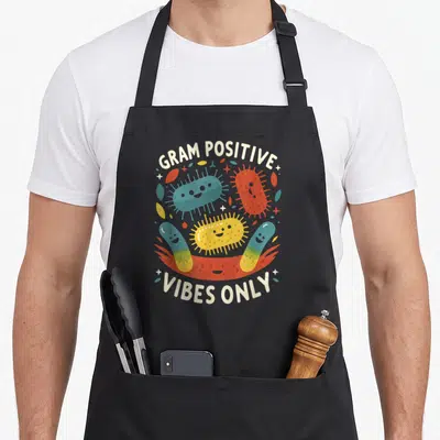 Biologist microbiologist apron - Four cartoon bacteria in blue red and yellow with Gram Positive Vibes Only text — shown on a black cotton canvas apron against a white background