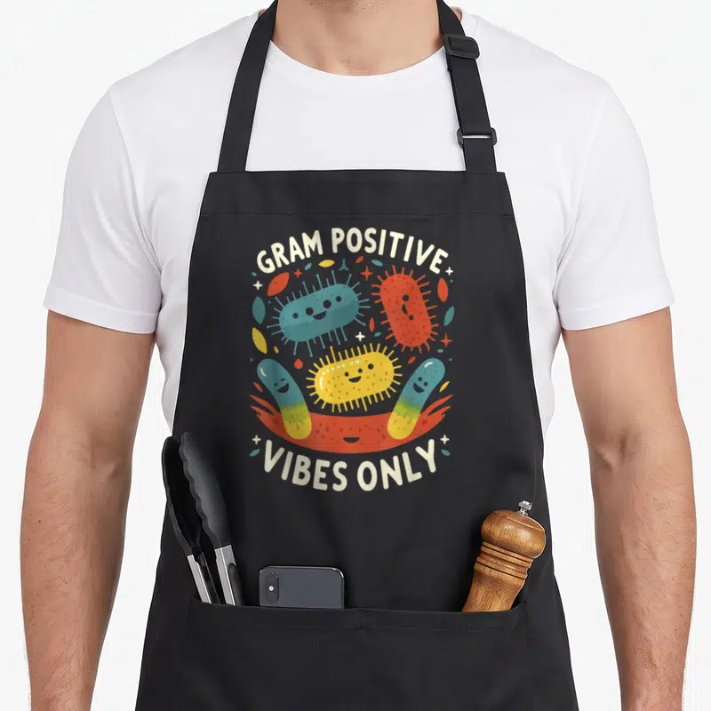 Biologist microbiologist apron - Four cartoon bacteria in blue red and yellow with Gram Positive Vibes Only text — shown on a black cotton canvas apron against a white background
