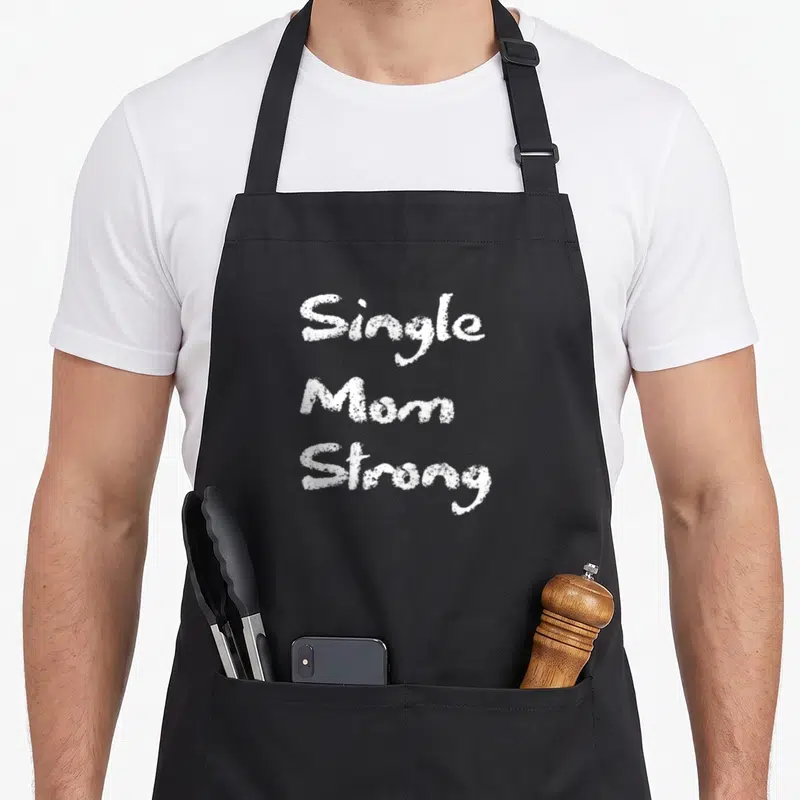 Single mother's apron - White Single Mom Strong stacked text design on black fabric — shown on a black cotton canvas apron against a white background