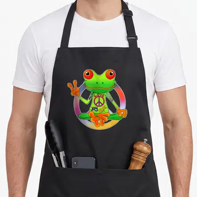 Hippie frog aprons - Green frog in lotus pose making peace sign with rainbow circle and text Faith Love Peace Joy Hope — shown on a black cotton canvas apron against a white background