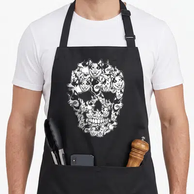 Halloween dog kitchen apron - White line art skull formed by cluster of Australian Cattle Dog heads — shown on a black cotton canvas apron against a white background