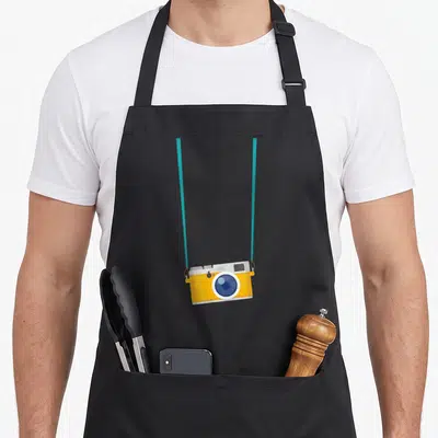 Tourist photographer apron - Cartoon yellow and white camera with teal strap illustration — shown on a black cotton canvas apron against a white background