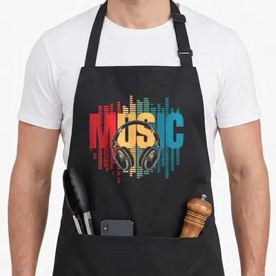 Music electronic apron - Centered headphones over red yellow teal blue MUSIC text and equalizer bars — shown on a black cotton canvas apron against a white background