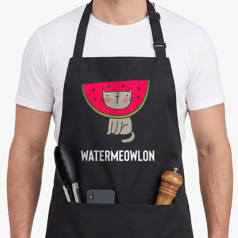 Water watermelon apron - Cartoon cat head in red watermelon slice with white WATERMEOWLON text below — shown on a black cotton canvas apron against a white background