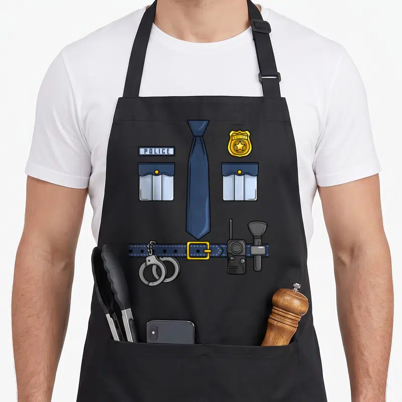 Halloween police apron - Cartoon police tie, badge, name tag, pockets, and belt with handcuffs radio flashlight in blue — shown on a black cotton canvas apron against a white background