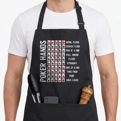 Poker cheat sheet apron - Vertical POKER HANDS text beside a grid of playing cards listing hand ranks in distressed — shown on a black cotton canvas apron against a white background