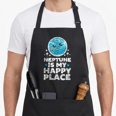Neptune kawaii apron - Smiling blue planet surrounded by stars above stacked white text reading Neptune Is My Happy — shown on a black cotton canvas apron against a white background