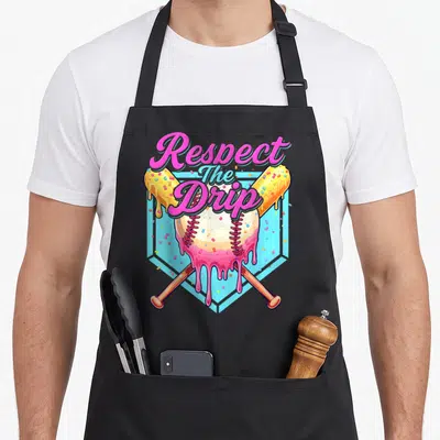 Baseball plate drip apron - Respect The Drip text over dripping pink baseball and crossed bats on blue shield — shown on a black cotton canvas apron against a white background