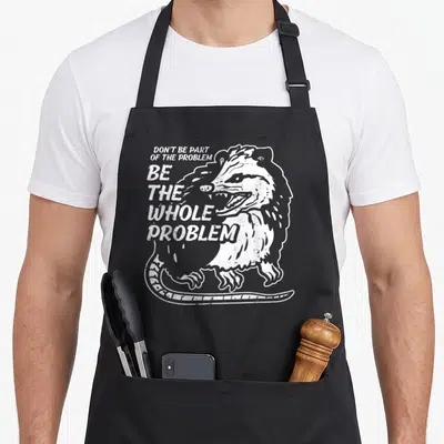 Opossum parts of an apron - White distressed raccoon illustration with stacked text Don't Be Part Of The Problem Be — shown on a black cotton canvas apron against a white background