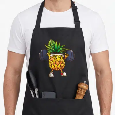 Powerlifting pineapple apron - Cartoon pineapple character lifting a dark blue barbell wearing sneakers and a white — shown on a black cotton canvas apron against a white background