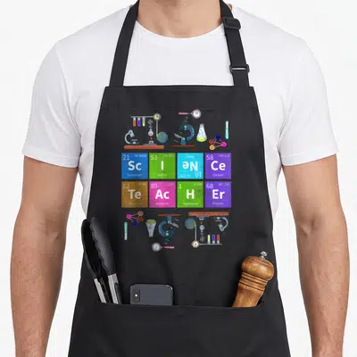 Teacher table apron - Cartoon microscopes and flasks frame a grid of eight colored periodic table tiles showing element — shown on a black cotton canvas apron against a white background