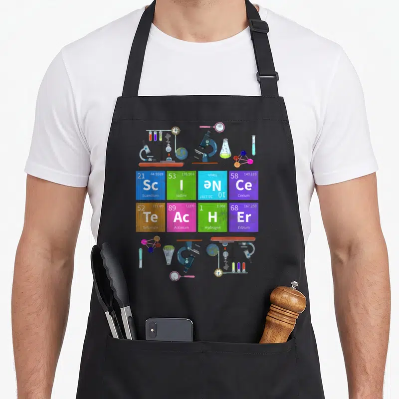 Teacher table apron - Cartoon microscopes and flasks frame a grid of eight colored periodic table tiles showing element — shown on a black cotton canvas apron against a white background