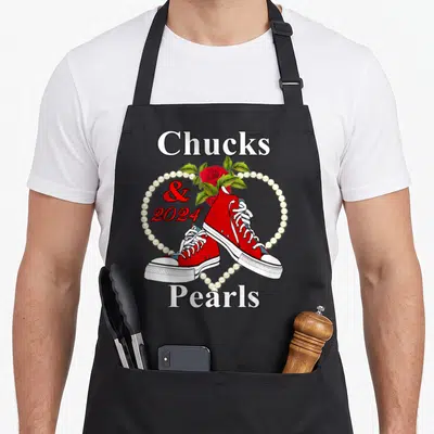 Afro floral apron - Red sneakers inside pearl heart with rose and Chucks 2024 Pearls text — shown on a black cotton canvas apron against a white background