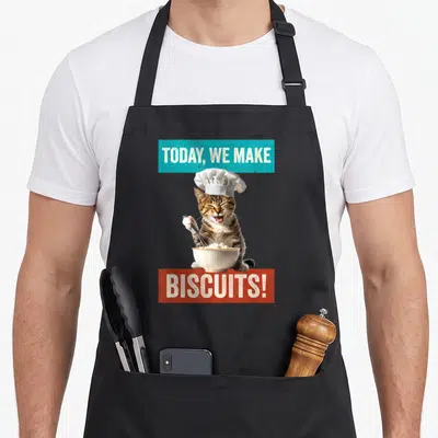 Cat bakers apron - Kitten chef whisking dough below TODAY WE MAKE BISCUITS text blocks — shown on a black cotton canvas apron against a white background