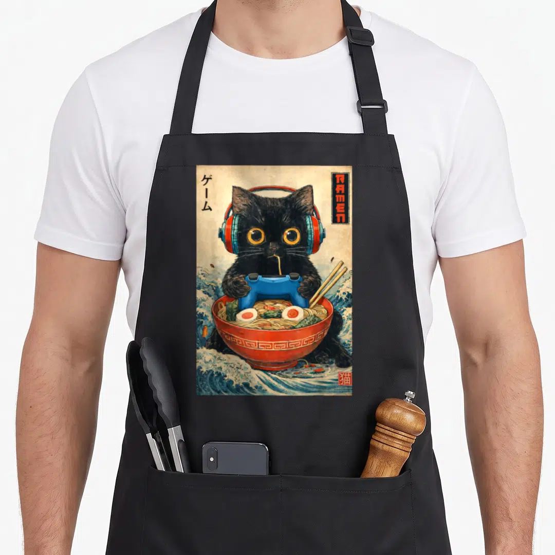 Cat ramen kawaii aprons - Black cat with headphones holding blue controller behind red ramen bowl amid ocean waves — shown on a black cotton canvas apron against a white background