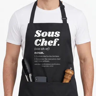 Definition sous chef apron - White dictionary text defining Sous Chef as the coolest chef in the kitchen on a black — shown on a black cotton canvas apron against a white background