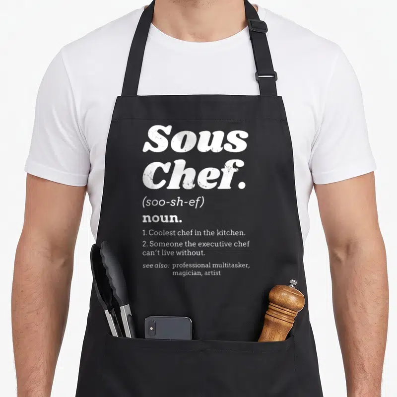Definition sous chef apron - White dictionary text defining Sous Chef as the coolest chef in the kitchen on a black — shown on a black cotton canvas apron against a white background