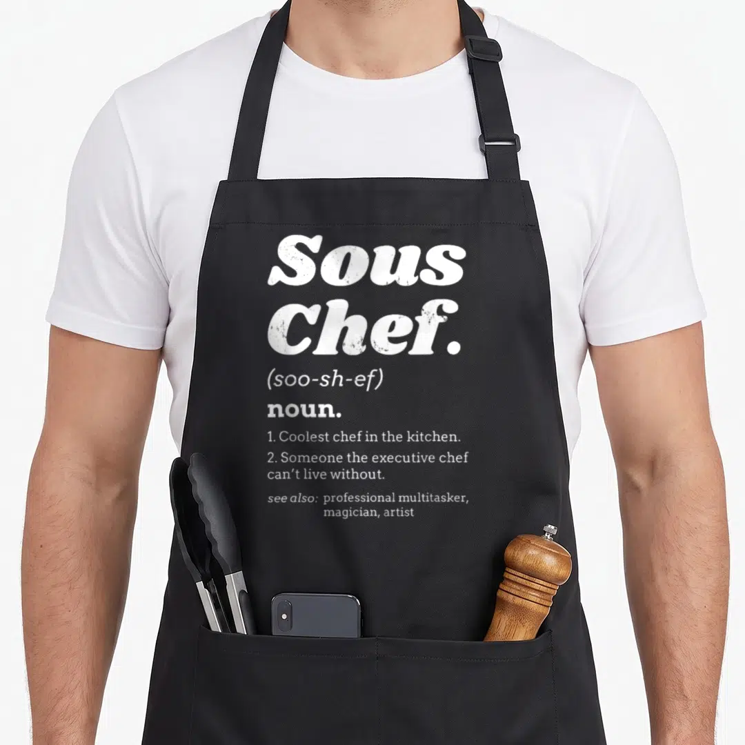 Definition sous chef apron - White dictionary text defining Sous Chef as the coolest chef in the kitchen on a black — shown on a black cotton canvas apron against a white background
