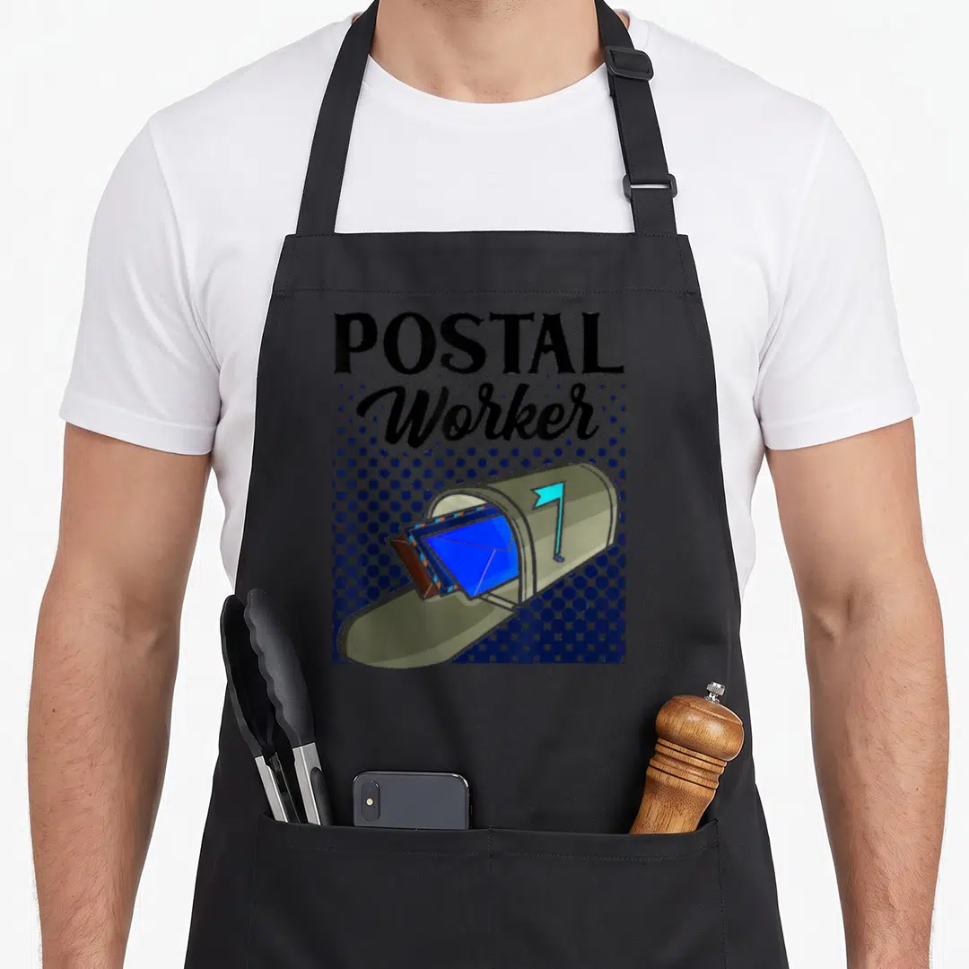 Courier postal aprons - Stacked POSTAL Worker text above a cartoon mailbox with a raised flag and blue envelope — shown on a black cotton canvas apron against a white background