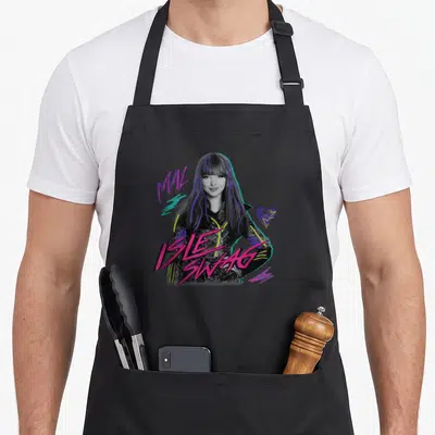 Mal novelty apron - Cartoon woman with purple hair, magenta ISLE SWAG text, purple heart, teal strokes on grey — shown on a black cotton canvas apron against a white background