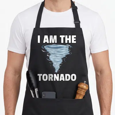 Twister meteorologist apron - Blue cartoon tornado between white I AM THE TORNADO text lines — shown on a black cotton canvas apron against a white background