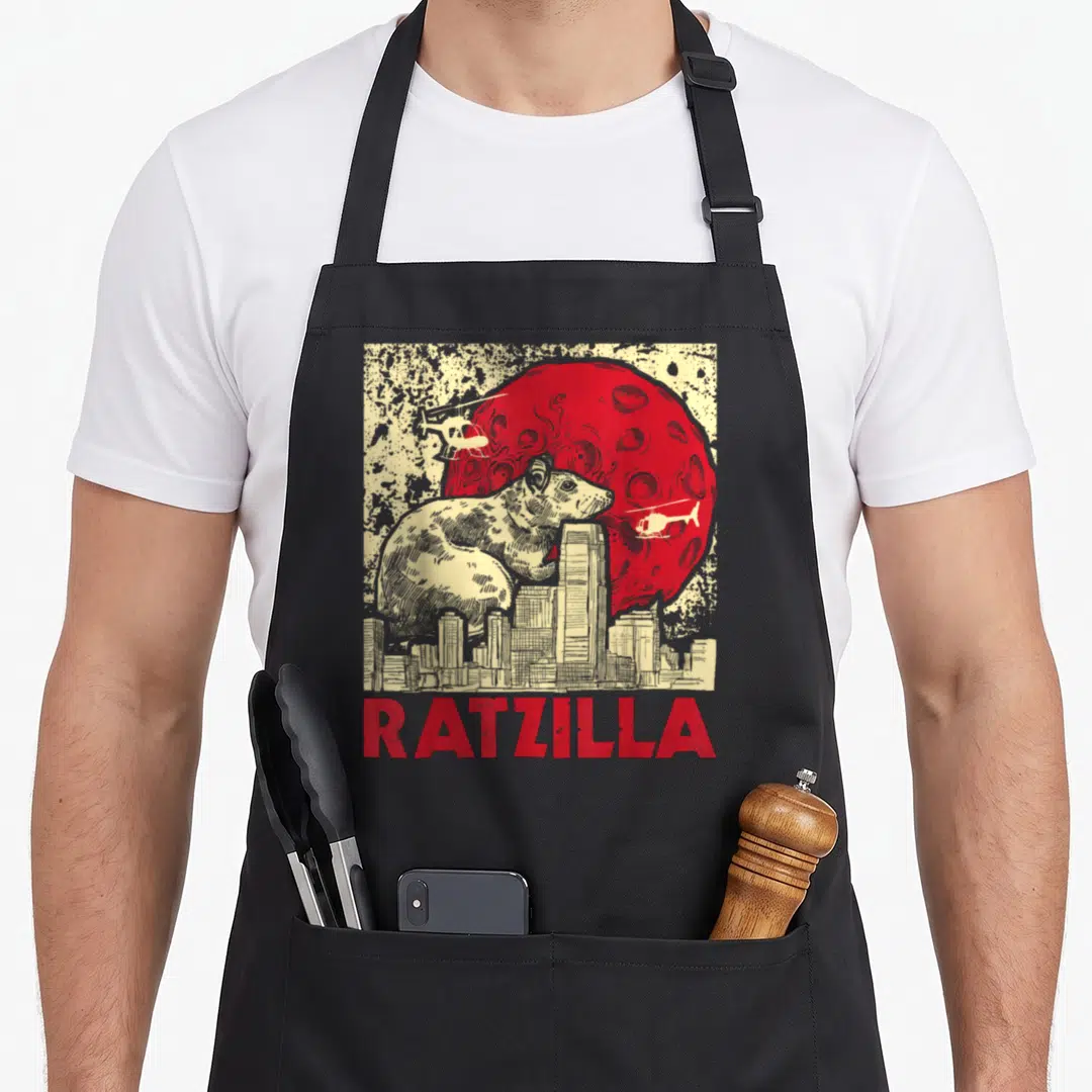 Ratzilla rat lover apron - Giant beige rat city skyline red moon helicopters distressed RATZILLA text — shown on a black cotton canvas apron against a white background