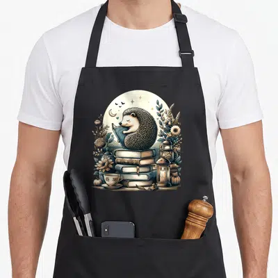 Hedgehog cottagecore apron - Realistic hedgehog reading books amidst flowers and lanterns in brown, cream, and blue — shown on a black cotton canvas apron against a white background