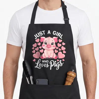 Funny animal i love my pig apron - Cartoon pink pig sitting among hearts with white text Just A Girl Who Loves Pigs — shown on a black cotton canvas apron against a white background