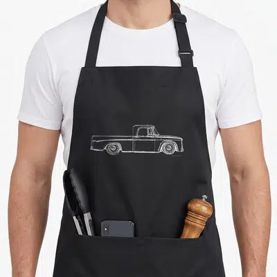 Sweptline truck apron - White line-art drawing of a lowered vintage pickup truck on a black background — shown on a black cotton canvas apron against a white background