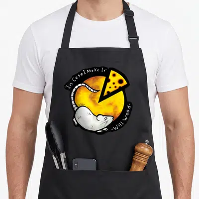 Meditation wood apron - White mouse curled around yellow cheese circle with text In Case I Make It Will Wood — shown on a black cotton canvas apron against a white background