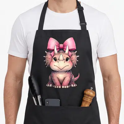 Coquette dinosaur apron - Pink and purple cartoon triceratops sitting facing forward wearing a large pink bow — shown on a black cotton canvas apron against a white background