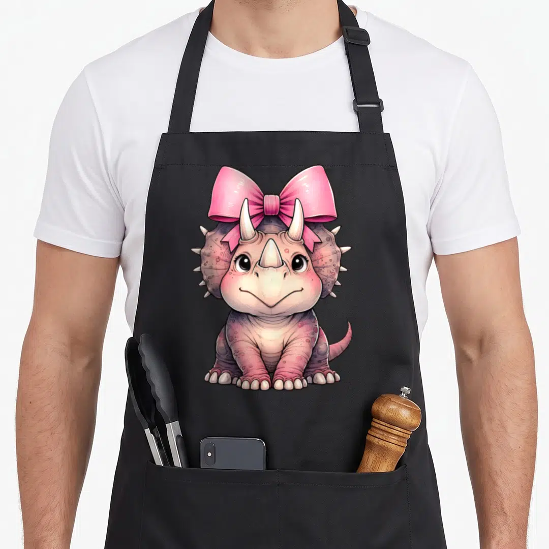 Coquette dinosaur apron - Pink and purple cartoon triceratops sitting facing forward wearing a large pink bow — shown on a black cotton canvas apron against a white background