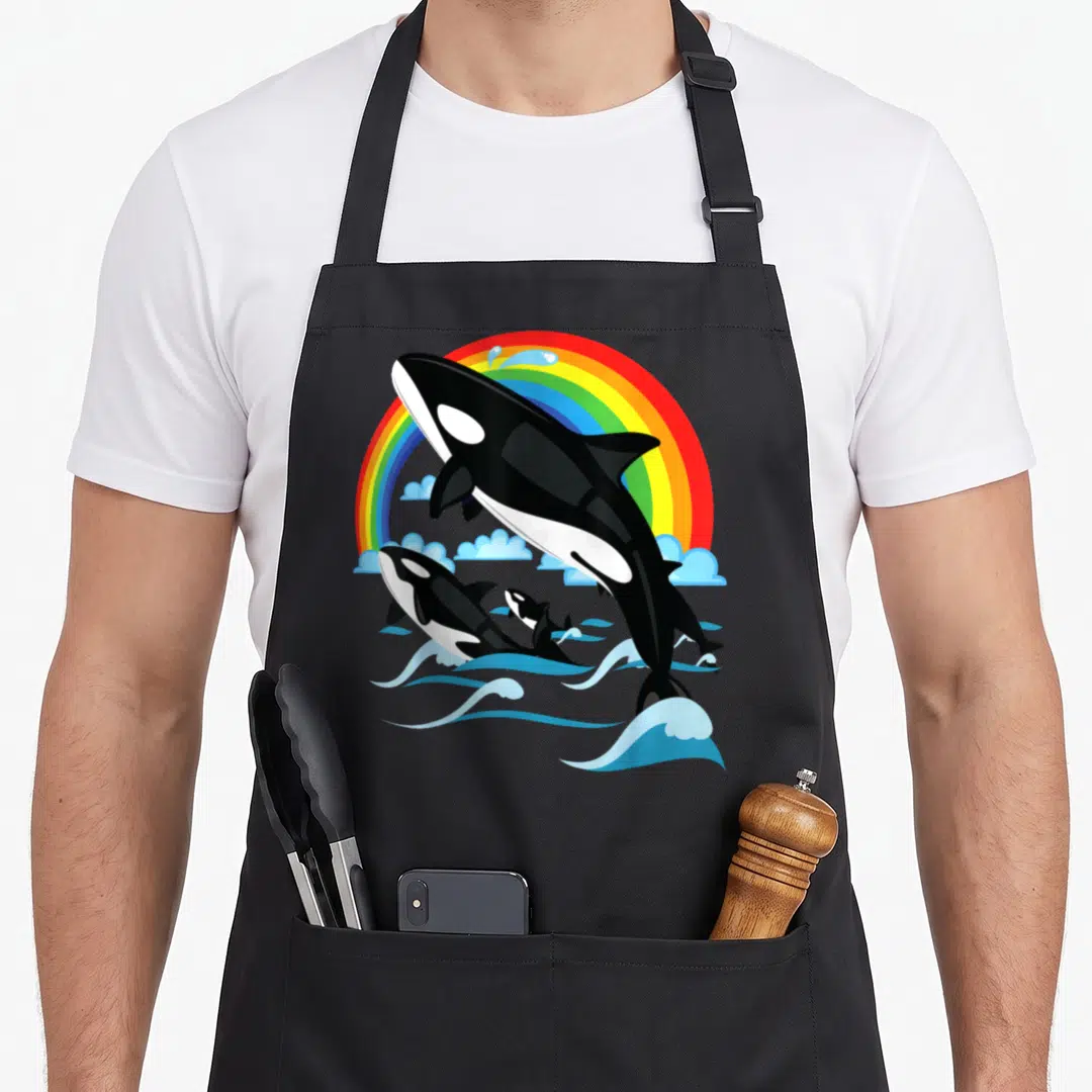 Jumping orca dad apron - Cartoon orca leaping with two smaller orcas under a rainbow arch above blue waves and clouds — shown on a black cotton canvas apron against a white background