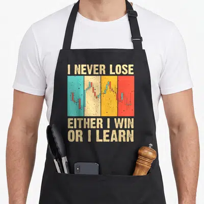 Market stock aprons - Retro candlestick chart on beige teal yellow red blocks with I Never Lose text — shown on a black cotton canvas apron against a white background