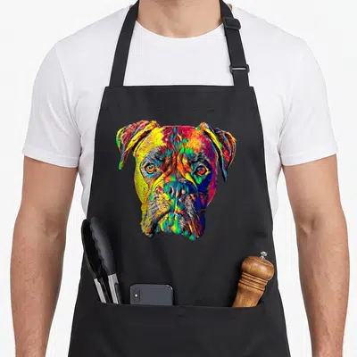 Boxer breed top dog aprons - Multicolored cartoon boxer dog head in yellow, red, blue, green, and purple strokes — shown on a black cotton canvas apron against a white background