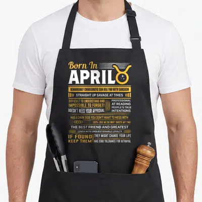 April taurus aprons - Born In APRIL Taurus symbol with yellow and white sarcastic personality trait text — shown on a black cotton canvas apron against a white background