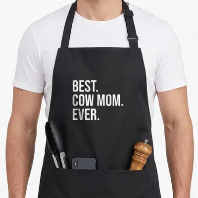 Farmer mother cow print apron - White stacked text BEST COW MOM EVER on black apron — shown on a black cotton canvas apron against a white background