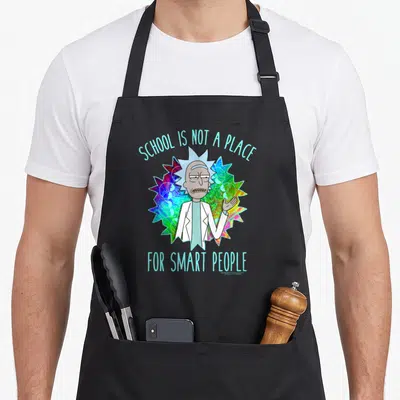 School general apron - Rick Sanchez centered on multicolored starburst with text SCHOOL IS NOT A PLACE FOR SMART PEOPLE — shown on a black cotton canvas apron against a white background