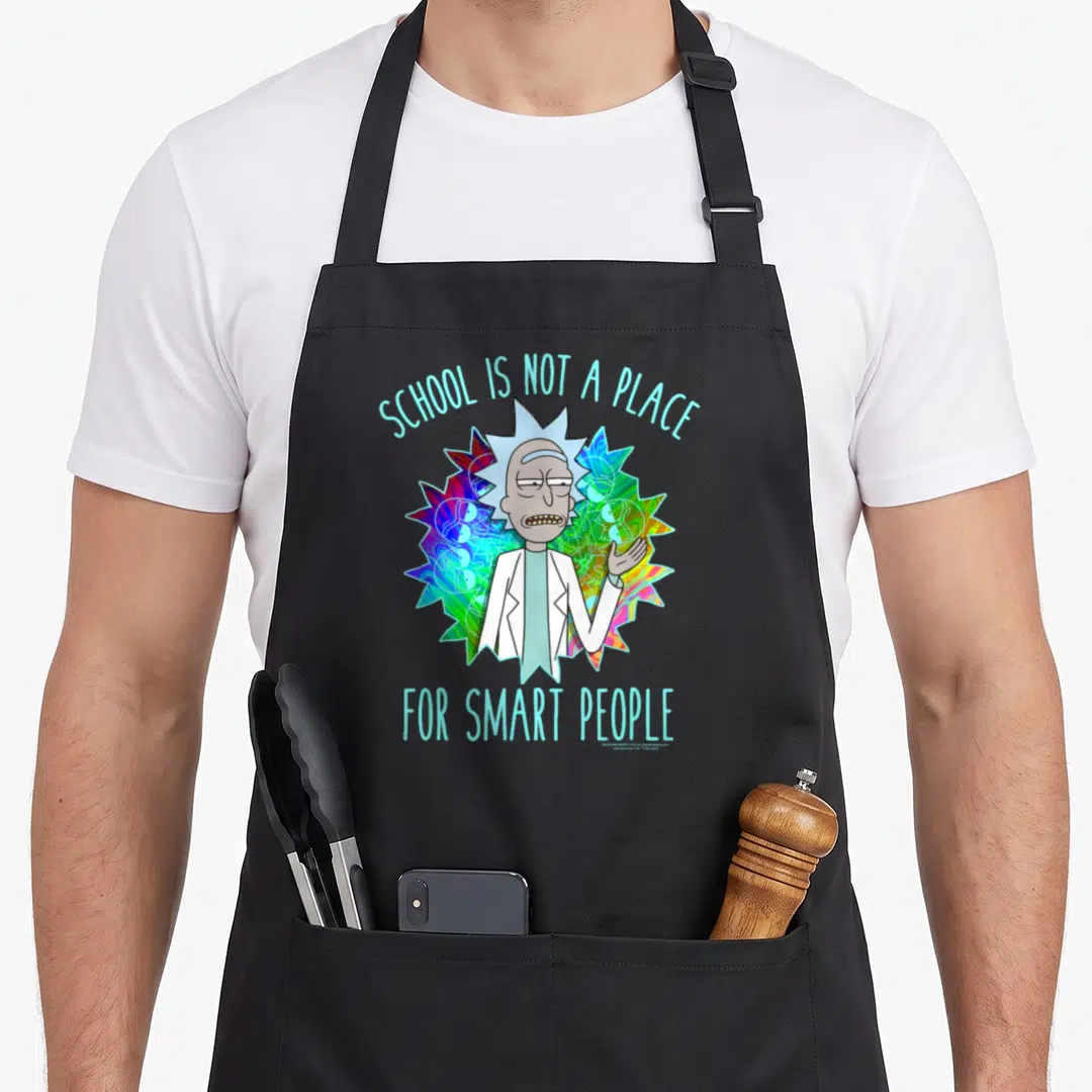 School general apron - Rick Sanchez centered on multicolored starburst with text SCHOOL IS NOT A PLACE FOR SMART PEOPLE — shown on a black cotton canvas apron against a white background