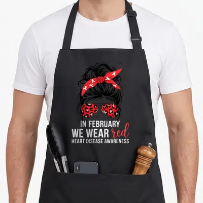 February disease awareness apron - Woman bun leopard sunglasses red bandana IN FEBRUARY WE WEAR red text — shown on a black cotton canvas apron against a white background