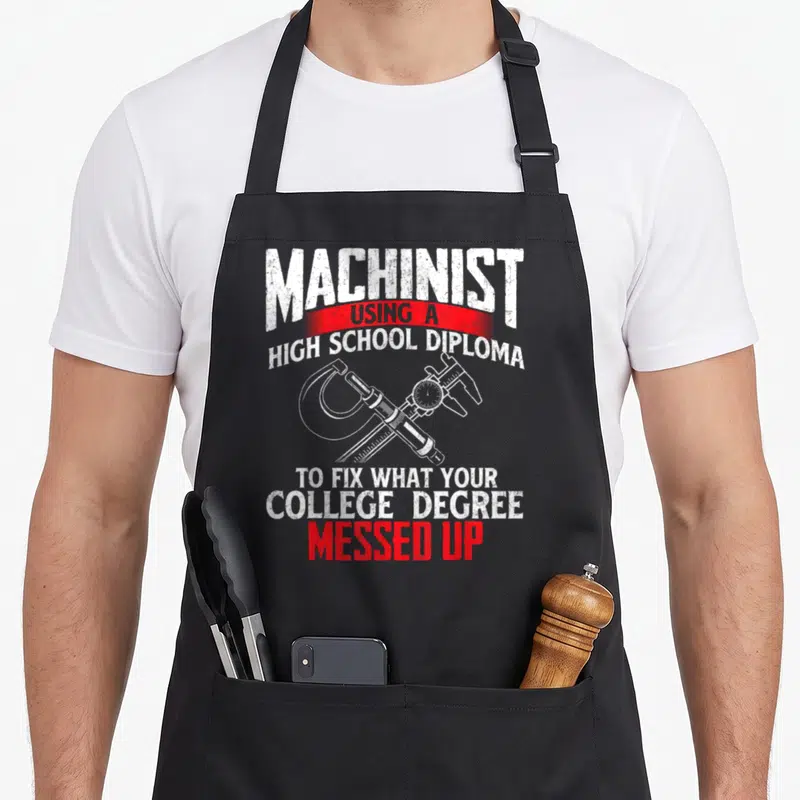 Using machinist apron - White distressed text and crossed micrometer caliper with red banner reading Using A High — shown on a black cotton canvas apron against a white background